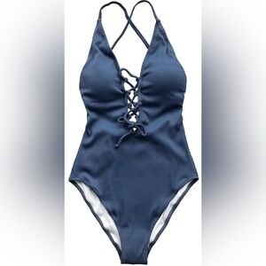 NWT CUPSHE Women's Solid Color V neck Lace Up One Piece Swimsuit Blue Size S